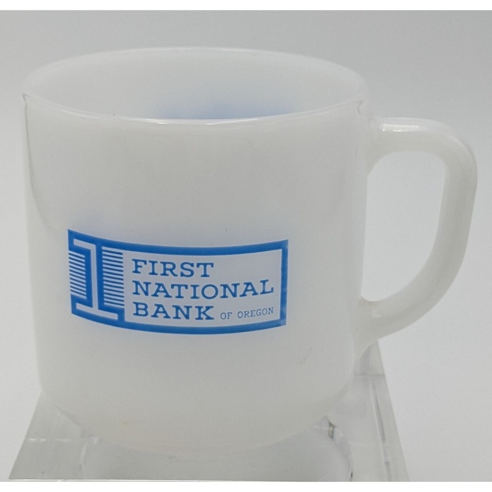 First National Bank Of Oregon  Federal White Milk Glass Mug Advertising USA Made